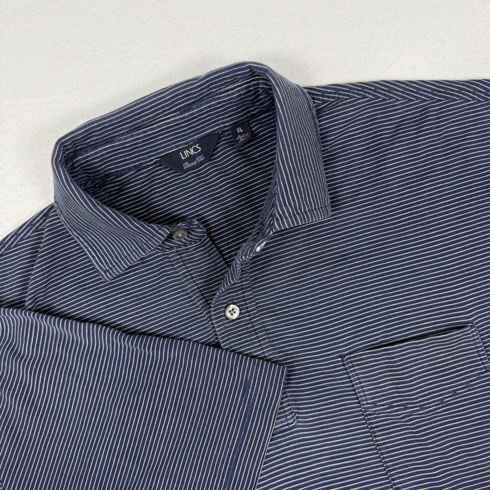 LINCS David Chu Golf Polo Shirt XL Navy White Stripe 100% Peruvian Cotton